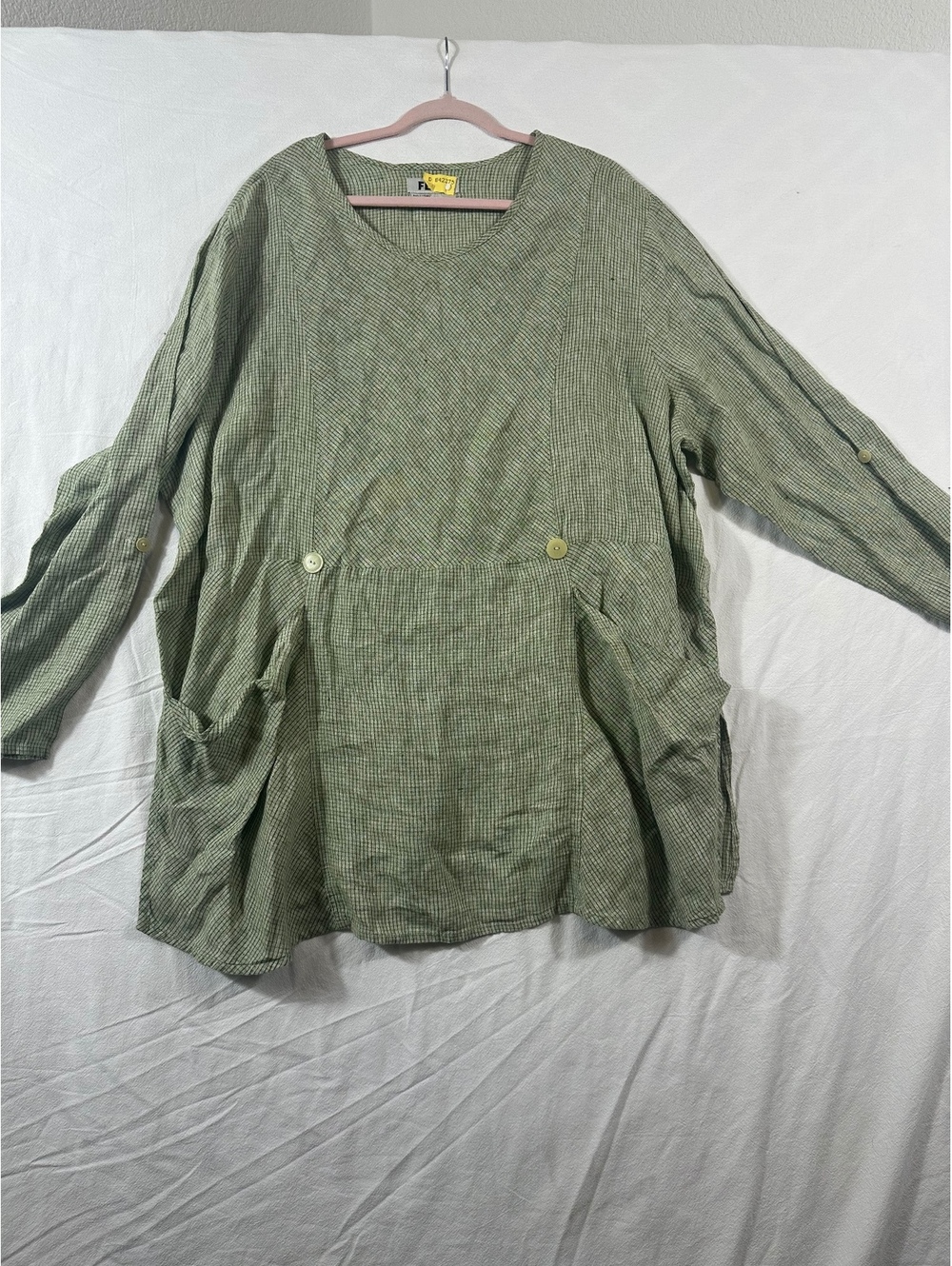 Flax green check linen long-sleeve top